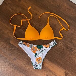 Vibrant Orange Bikini Set with Floral Bottoms